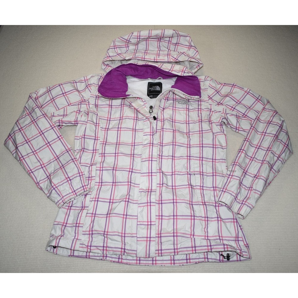 The North Face Womens Sz S Hyvent Jacket Coat White with Purple Pink Checkered